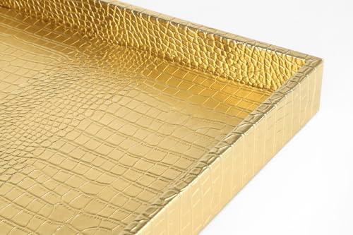 HofferRuffer Extra Large Square Serving Tray, Elegant Faux Leather Ottoman Tray with Gold Hardware Handles, Serve Tea, Coffee or Breakfast in Bed, 24 x 24 inches (Gold, 24" x 24" x 2") - color: Gold, size: 24" x 24" x 2"