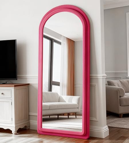 Full Length Mirror, Floor Mirror with Stand, 63"x24" Freestanding Arched Mirror Full Length Hanging or Leaning, Wall Mounted Mirrors with Flannel Frame, Large Mirrors for Bedroom (Rose Red) - color: Arched - Rose Red