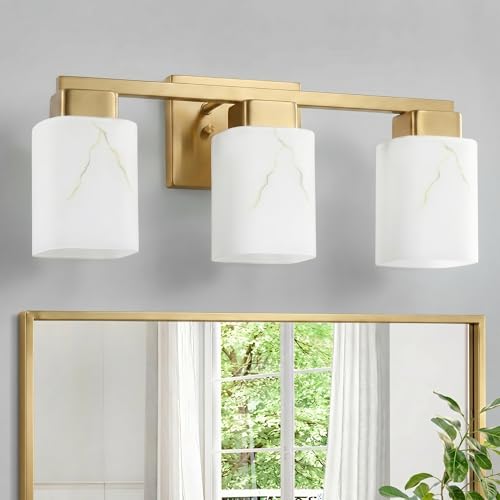 3-Light Square Bathroom Light Fixture, Gold Modern Vanity Light with White Marble Glass Shade, for Bathroom Mirror, Living Room, Bedroom, Hallway, E26 Base - color: Gold, size: 3-Light