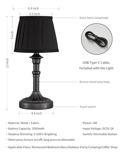 KDG Mottled Silver Cordless Table Lamps Set of 2, Black Fabric Shade Light - color: Mottled Silver + Black Lampshde (2 Pack)