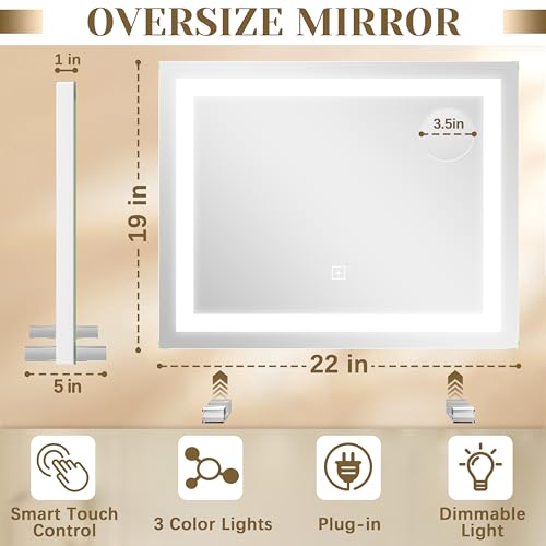 ROLOVE 22x20 Inch Lighted Vanity Mirror, 3 Color Modes, Dimmable, White - color: White, size: 22"L x 22"W