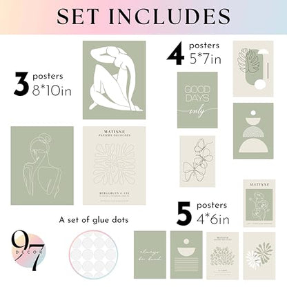 97 Decor Sage Green Wall Art, 12 Boho Abstract Prints, 8x10 Unframed - color: Sage Green Soft