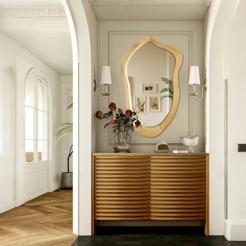 40"x24" Irregular Wall Mirror, Natural Wood Bathroom Mirror - color: Natural Wood, size: 40"L x 24"W