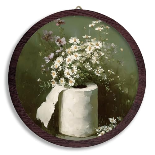 XDFVL Vintage Botanical Toilet Paper Bathroom Wall Art Decor, Daisy Floral Cottagecore Framed Hanging Wooden Prints, Flower Vintage Bath Round Wall Artwork for Bathroom Restroom, 10x10 Inch - color: floral toilet paper