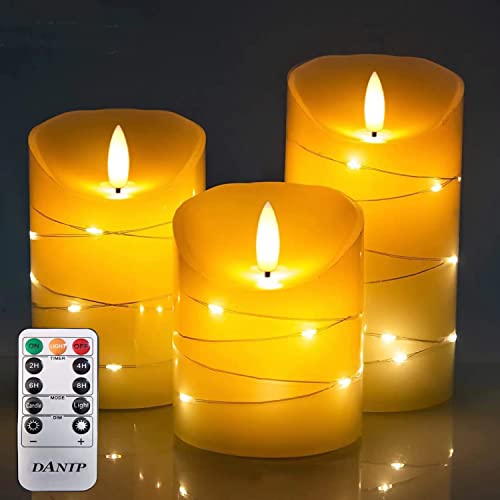 DANIP White LED flameless Candle with Embedded Star Light String, Three Piece LED Candle, with 11 Key Remote Control, 24-Hour Timer Function, Dancing Flame, (Ivory White) - color: WhiteB#1*3