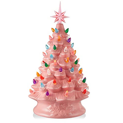Casafield Hand Painted Ceramic Christmas Tree, Pink 15-Inch Pre-Lit Tree with 128 Multi Color Lights and 2 Star Toppers - color: Pink