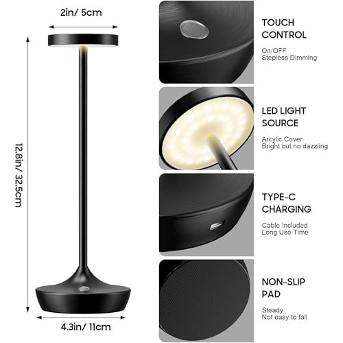 2 Pack Cordless Table Lamps, Rechargeable 6000mAh, 72H Runtime, Waterproof - color: 2 Black