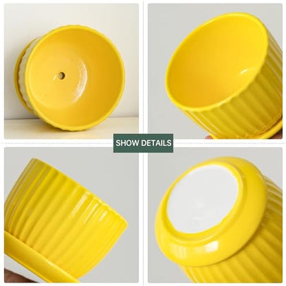 Ceramic Planters,Yellow Plant Pots with Drainage Holes and Saucers Set of 3 - color: Yelllow