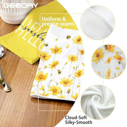 GEEORY Kitchen Towels for Spring Summer Decor Yellow Daisy Dish Towels 18 x 26 Inch Ultra Absorbent Bar Drying Cloth Hello Sunshine Hand Towel for Kitchen Bathroom Party Home Decorations Set of 2