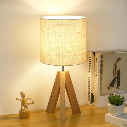 Small Table Lamp, Wooden Tripod Nightstand Lamp with Linen Fabric Shade, Cute Boho Modern Bedside Nightstand Lamp for Bedroom, Living Room, Nursery, Kids Room, Office, Dorm, Bulb Not Included - color: Beige