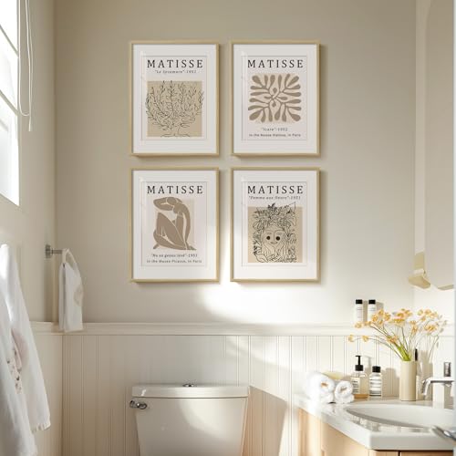 Framed Neutral Beige Matisse Minimalist Wall Art for Bathroom, 11x14 Inch - color: Neutral, size: 11" W x 14" H x 4Pcs