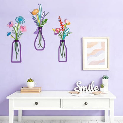 Embewhis Wall Decor Metal Flowers 3pcs, Rustic Farmhouse Flower Sculptures, 13.7" Wall Art Decor, Drill-Free Install Option for Living Room, Kitchen, Bedroom & Bathroom - size: N