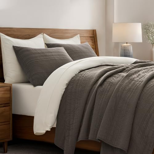EVERGRACEHOME 100% Cotton Modern Lines Quilt Set Queen Size, Mushroom Brown - color: Mushroom Brown, size: Full/Queen (92" X 92")