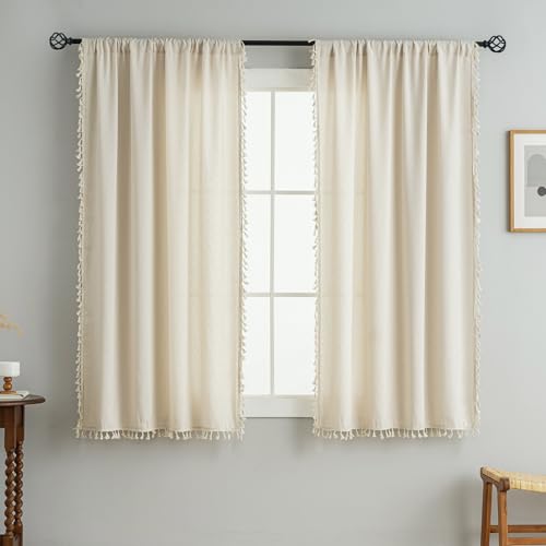 Small Window Curtains Tassel Fringe Geometric Design Boho Curtains 54 Inch Length 2 Panels Set, W40 x L54, Beige - color: Wave Beige, size: 40"W x 54"L (Pack of 2)