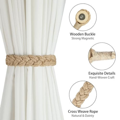 BEL AVENIR Jute Curtain Tiebacks Magnetic 4 Pack Woven Drapery Holdback - color: Jute- 4pack