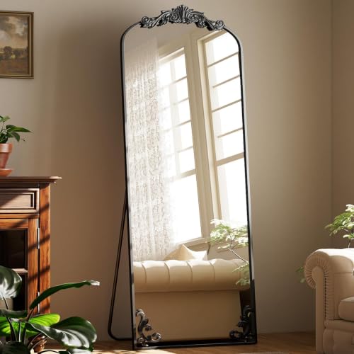Easly 21"x 64" Arched Full Length Mirror, Freestanding Floor Mirror with Carved Metal Frame & Bottom Art Carved, Black Full Body Mirror for Home Decor - color: Black, size: 64"L x 21"W