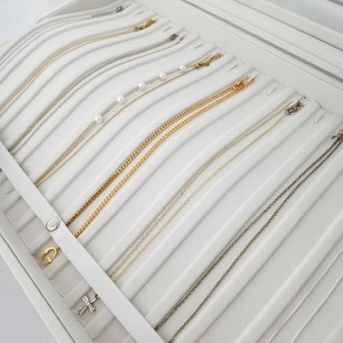 15-Hook Anti-Tangle Necklace Organizer Box with Divided Slots - color: Beige-15 necklaces