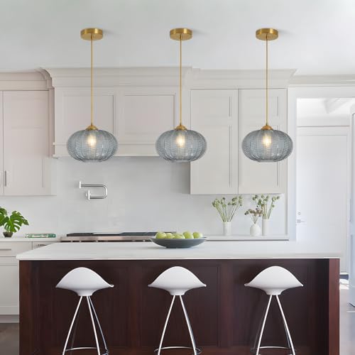 KCO Lighting Large Glass Pendant Lights Kitchen Island Brass Gold Pendant Light Gold Globe Hanging Light Smoked Striped Glass Pendant Light Mid Century Modern Dining Room Light Fixture - color: 25cm-Smoke Gray