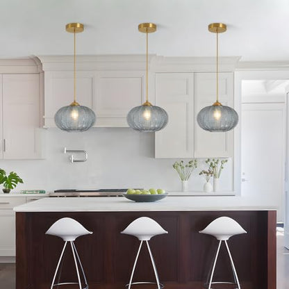 KCO Lighting Large Glass Pendant Lights Kitchen Island Brass Gold Pendant Light Gold Globe Hanging Light Smoked Striped Glass Pendant Light Mid Century Modern Dining Room Light Fixture - color: 25cm-Smoke Gray