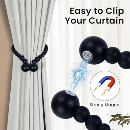 KLOGTSIND Magnetic Curtain Tiebacks, 2 Pack Wood Bead Curtain Holdbacks - color: Black