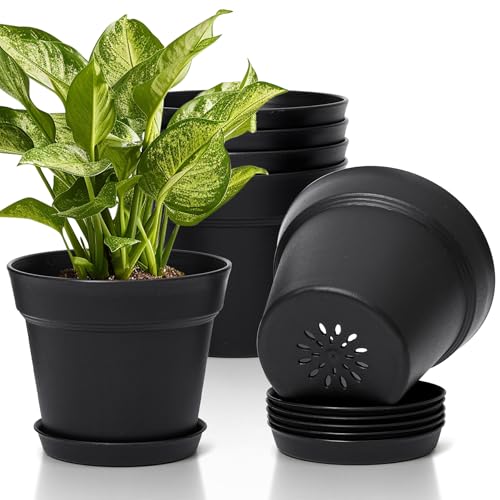 T4U 7.5 Inch Plant Pots 6 Pcs, Flower Pots for Indoor Plants Plastic Pots for Plants with Drainage Holes and Saucer, Planters for Indoor Plants for House Cactus Succulent Black - color: Black, size: 7.5 inch
