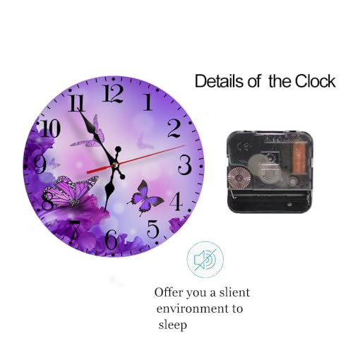 Ansouyi Round Wall Clock Battery Operated Clocks Wallclock 10 Inch,Purple Flower and Butterfly Silent Non Ticking Wall Clock for Living Room,Kitchen,Home,Bathroom,Bedroom,Office or School - color: Flower and Butterfly
