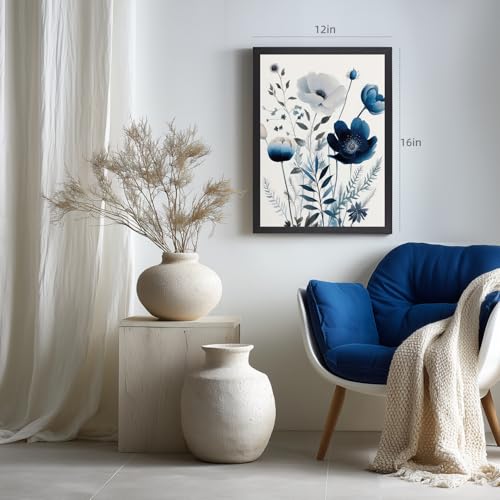 Grajoy Wood Framed Navy Blue Botanical Floral Wall Art 12x16 Inch Set of 3 - color: BlueFlower, size: 16"L x 12"W