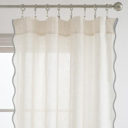DriftAway Semi Sheer Scalloped Edge Linen Coastal Beach Window Curtains for Living Room Bedroom 2 Panels Rod Pocket Each Size 52 Inch by 90 Inch Gray - color: Linen Gray, size: 52"W x 90"L (Pack of 2)