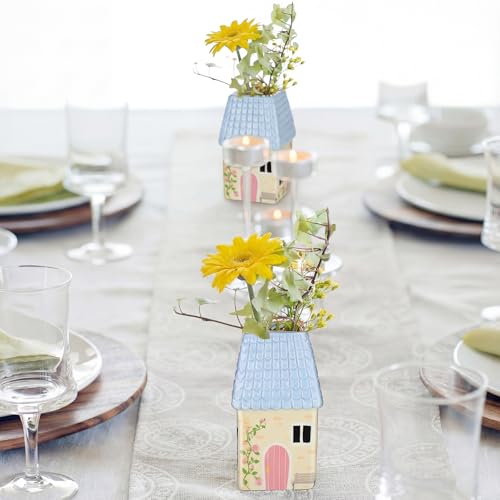Remerry Mini Ceramic House Shape Vase Decorative Small Bud Vases, Blue - color: Blue