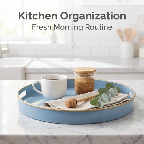 Spsyrine 13 Inch Dusty Blue Round Plastic Serving Tray with Handles - color: Pure Blue