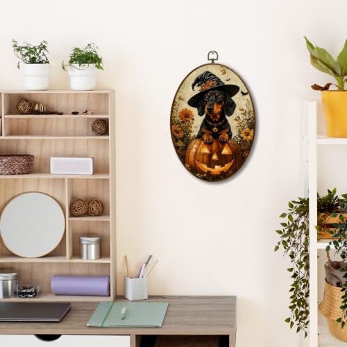 JQF Halloween Dachshund Witchy Pumpkin Oval Wall Decor Framed, 8.5x11.5 In - color: fall dog-1
