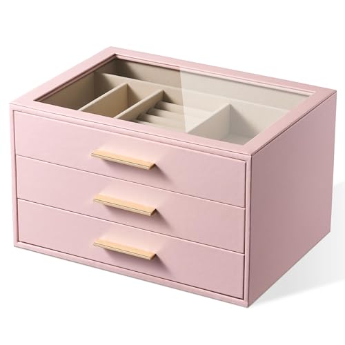 Jewelry Box Organizer Storage Case, 3-Layer with Glass Window, Pink - color: Pink, size: 3 layer