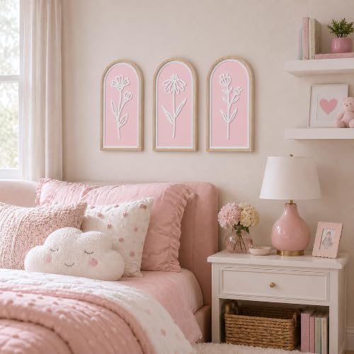3D Wooden Floral Wall Art Set of 3, Pink Arched Boho Bedroom Wall Decor - color: Pink