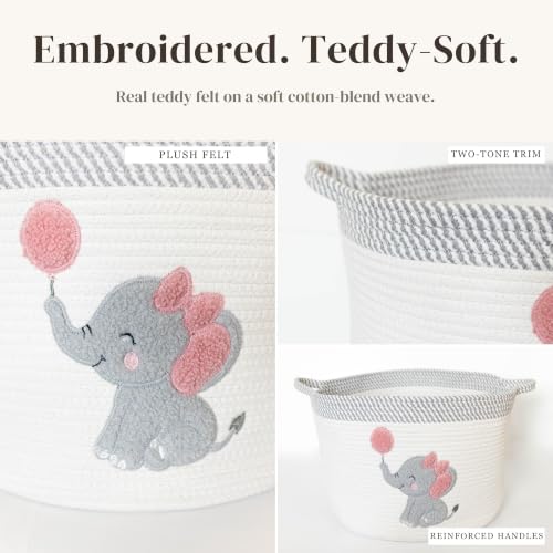 Elephant Baby Storage Basket for Girls, Cotton Rope Nursery Bin, 15x11 in - color: Girl Elephant