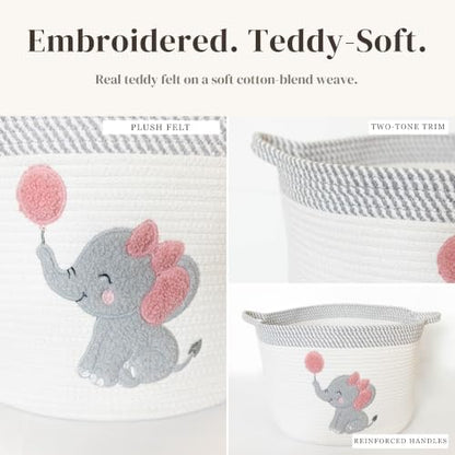 Elephant Baby Storage Basket for Girls, Cotton Rope Nursery Bin, 15x11 in - color: Girl Elephant