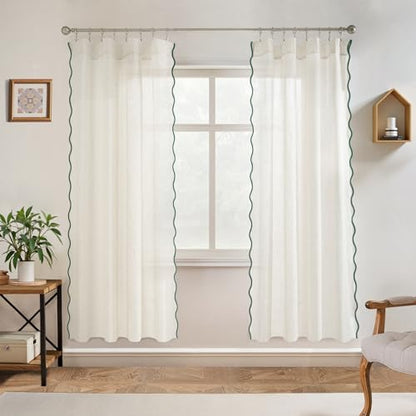 DriftAway Semi Sheer Scalloped Edge Linen Coastal Beach Window Curtains for Living Room Bedroom 2 Panels Rod Pocket Each Size 52 Inch by 72 Inch Loden Green - color: Linen Loden Green, size: 52"W x 72"L (Pack of 2)