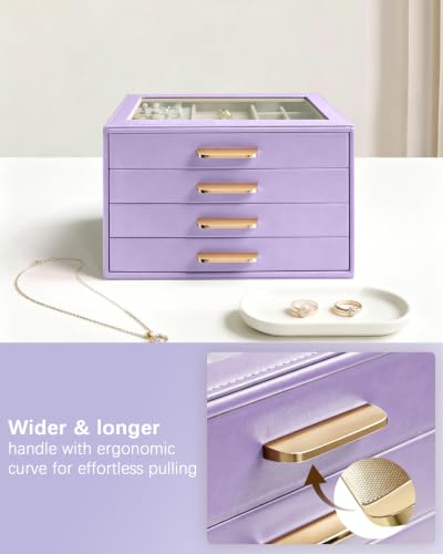 Homeanda Jewelry Boxes Organizer with Glass Lid, 4-Layer PU Leather, Purple - color: Lavender Purple, size: 4 Layer