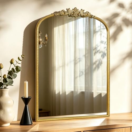 HOMECOOKIN Vintage Arched Gold Mirror, Antique Baroque Mirror, 30"X22" Wall Mirror with Ornate Frame, Antique Brass Mirror for Bathroom Vanity, Living Room, Fireplace, Entryway, Hallway, Home Decor - color: Gold, size: 30"L x 22"W