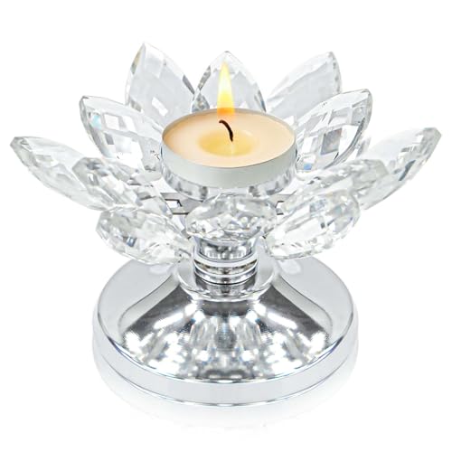 1 PC Silver Crystal Flower Tea Light Holder, Glass Tealight Candlestick with Metal Base, Votive Candle for Table Centerpiece, Wedding/Parties Decor, Nice Gift - color: Silver