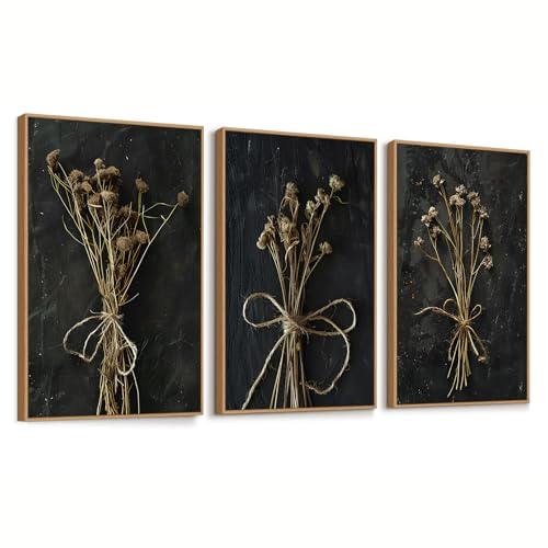 Moody Botanical Framed Canvas Wall Art Set of 3, 16"x24" Vintage Black Floral Wall Decor, Minimalist Dried Plant Art Prints, Nature Modern Artwork for Living Room Bedroom Farmhouse Office - color: 16"x24" Moody Botanical Wall Art