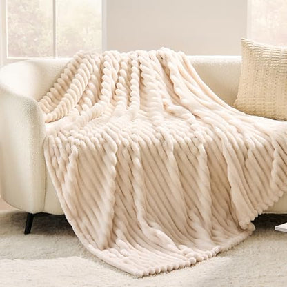 330GSM Ribbed Fleece Throw Blanket for Couch, Cream, 50"x70" - color: Cream, size: Throw XL(50"x70")
