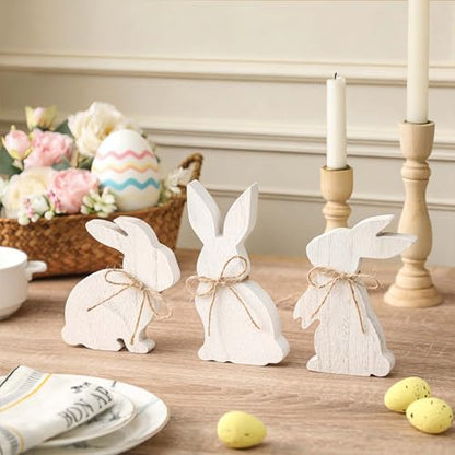 3 Pcs White Wooden Easter Bunny Signs with Jute Bows, Farmhouse Tiered Tray & Table Decor for Mantel, Desk, Spring and Easter Home Decoration