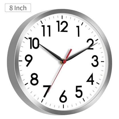 AKCISOT 8 Inch Wall Clock, Silent Battery Operated Analog Clock, Silver - color: B_silver, size: 8 Inch