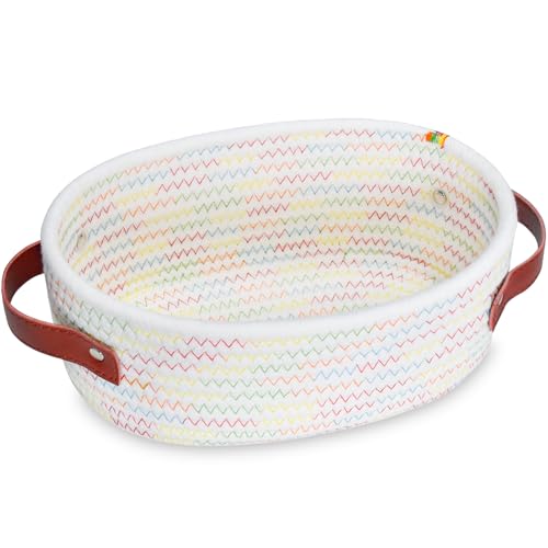 ABenkle Small Woven Basket, Mini Cotton Rope Storage Basket, Tiny Easter Basket, Shelf Basket, Oval Decorative Toy Dog Cat Basket for Nursery, Empty Gift Basket, 9.4" x 5.9" x 3.9" XS - color: Colorful Thread