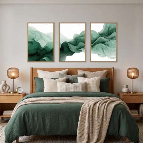 Abstract Emerald Green Waves Framed Canvas Wall Art Set-16"x24"x3 - color: Green Waves Wall Art, size: 16"Lx24"W