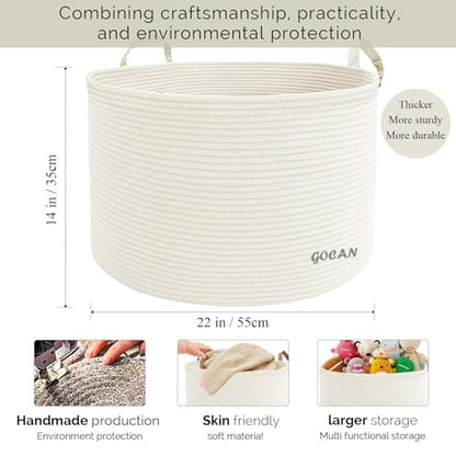 Cotton Rope Woven Laundry Basket 22"X 22"X 14" with handles（Cream）XXXL - color: Cream