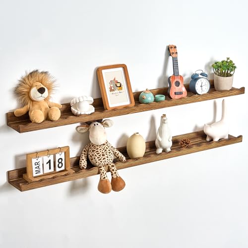 Fun Memories Picture Ledge Shelf for Wall, 48 inch Pine Wood Nursery Book Shelves Set of 2- Wall Book Shelves for Kids Room, Home Decor - Kitchen Spice-Carbonized - color: Carbonized Brown, size: 48", Set of 2