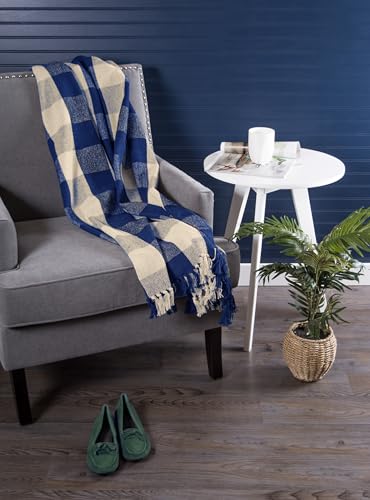DII Buffalo Check Collection Rustic Farmhouse Throw Blanket with Tassles, 50x60, Navy/Off-White - color: Navy/Off-white, size: 50x60"