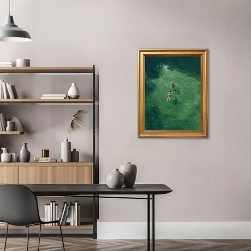 EQUEEN Green Abstract Swimming Poster Retro Wall Art Holiday Wall Decor Minimalist Canvas Print For Living Room Bedroom Office8x10inch Golden frame