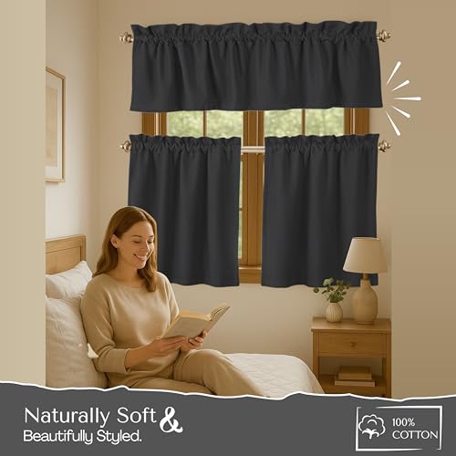 Native Fab 3 Pieces Window Curtain Tiers 26"x36" and Valance 54"x18" Set - Rod Pocket - Semi Sheer - Farmhouse Short Curtain for Kitchen, Bedroom, Bathroom - Grey - color: Grey